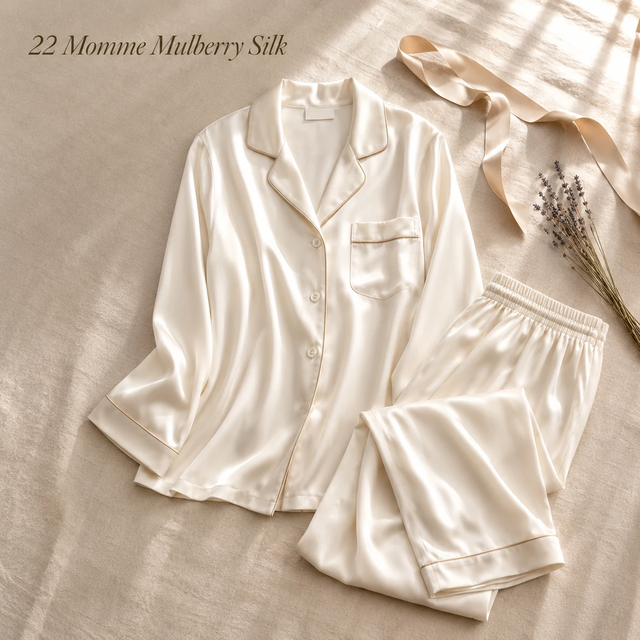 Top-down flat-lay of ivory silk pajama set on warm-beige linen with champagne ribbon and dried lavender