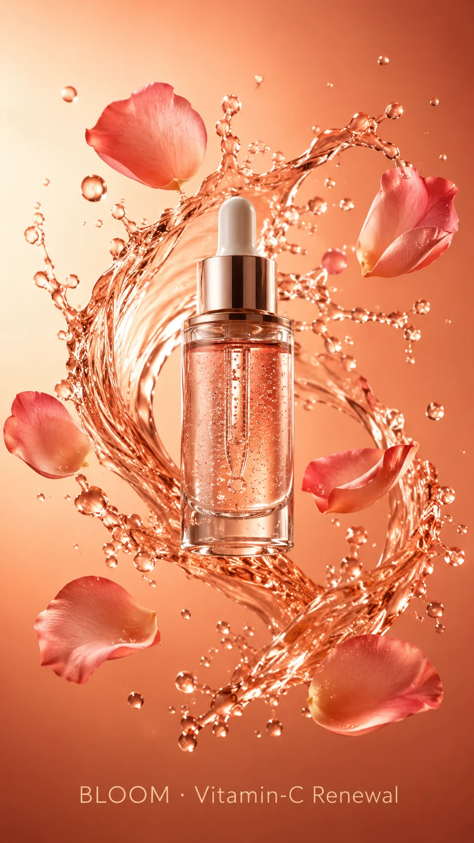 Editorial beauty product photo of glass serum bottle with rose-gold liquid splash and rose petals