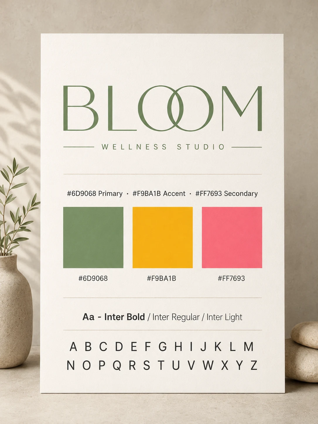 Brand guidelines presentation board for wellness studio with logo, color swatches and typography