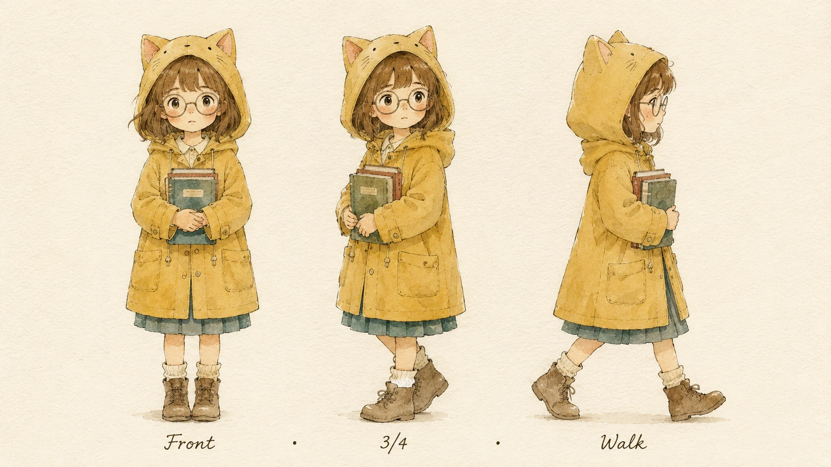 Character design sheet with three identical poses of a girl character with raincoat in Studio Ghibli style