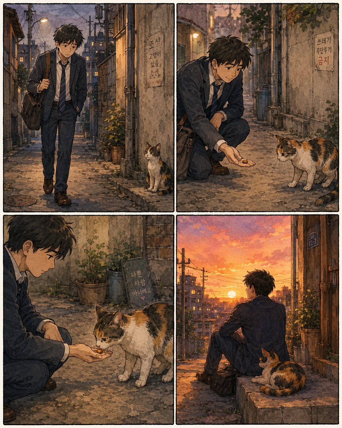 Four-panel comic strip of office worker meeting calico stray cat in alley at sunset