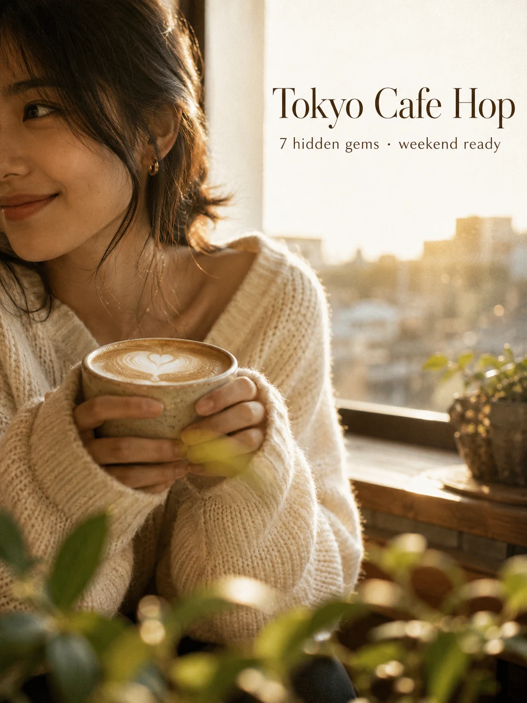 Lifestyle cover of a young woman in cafe holding latte, 35mm film golden hour, with bilingual title text