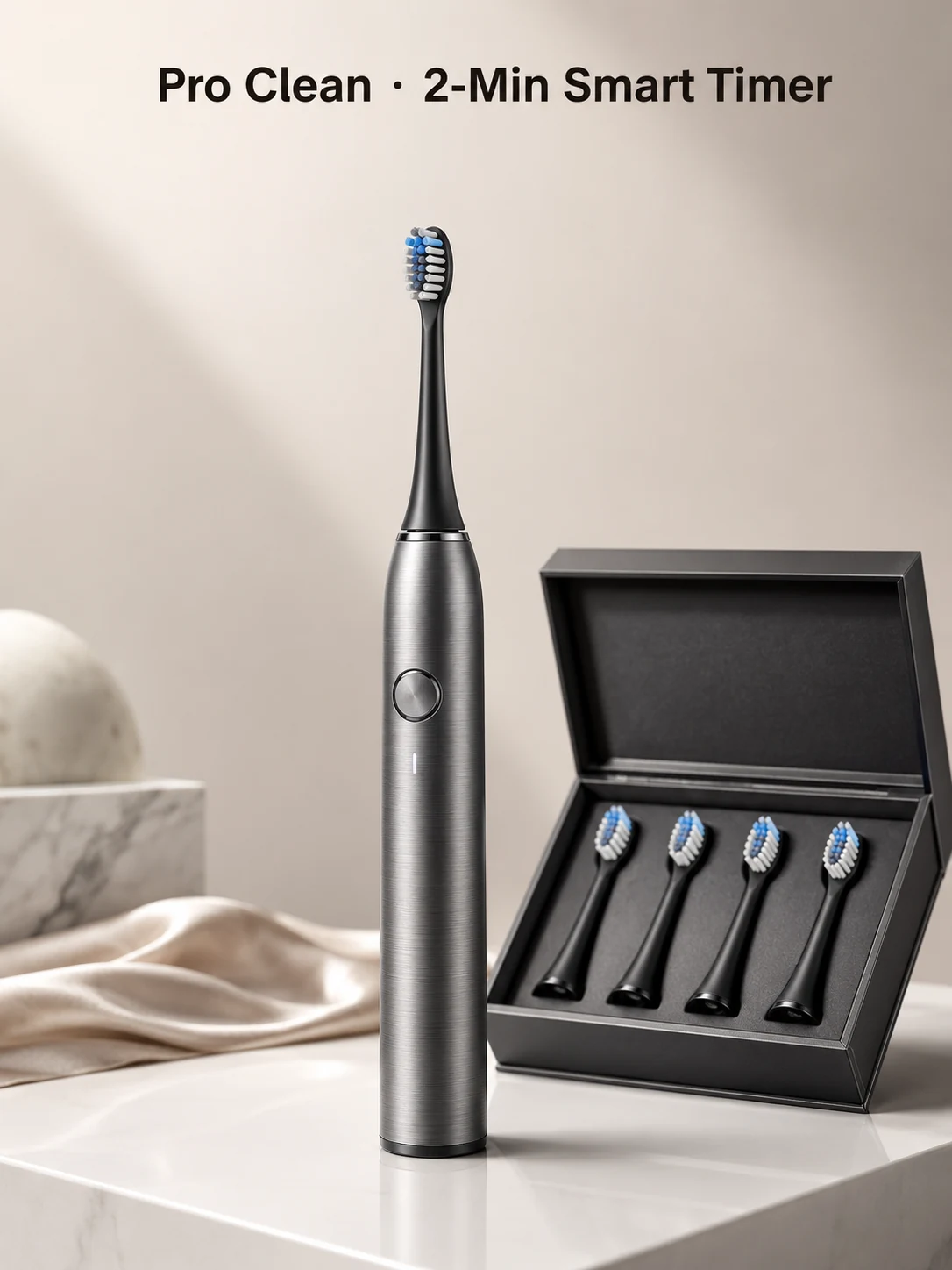 Studio commercial photography of a titanium-grey electric toothbrush with open premium gift box on white acrylic, with pixel-perfect headline text