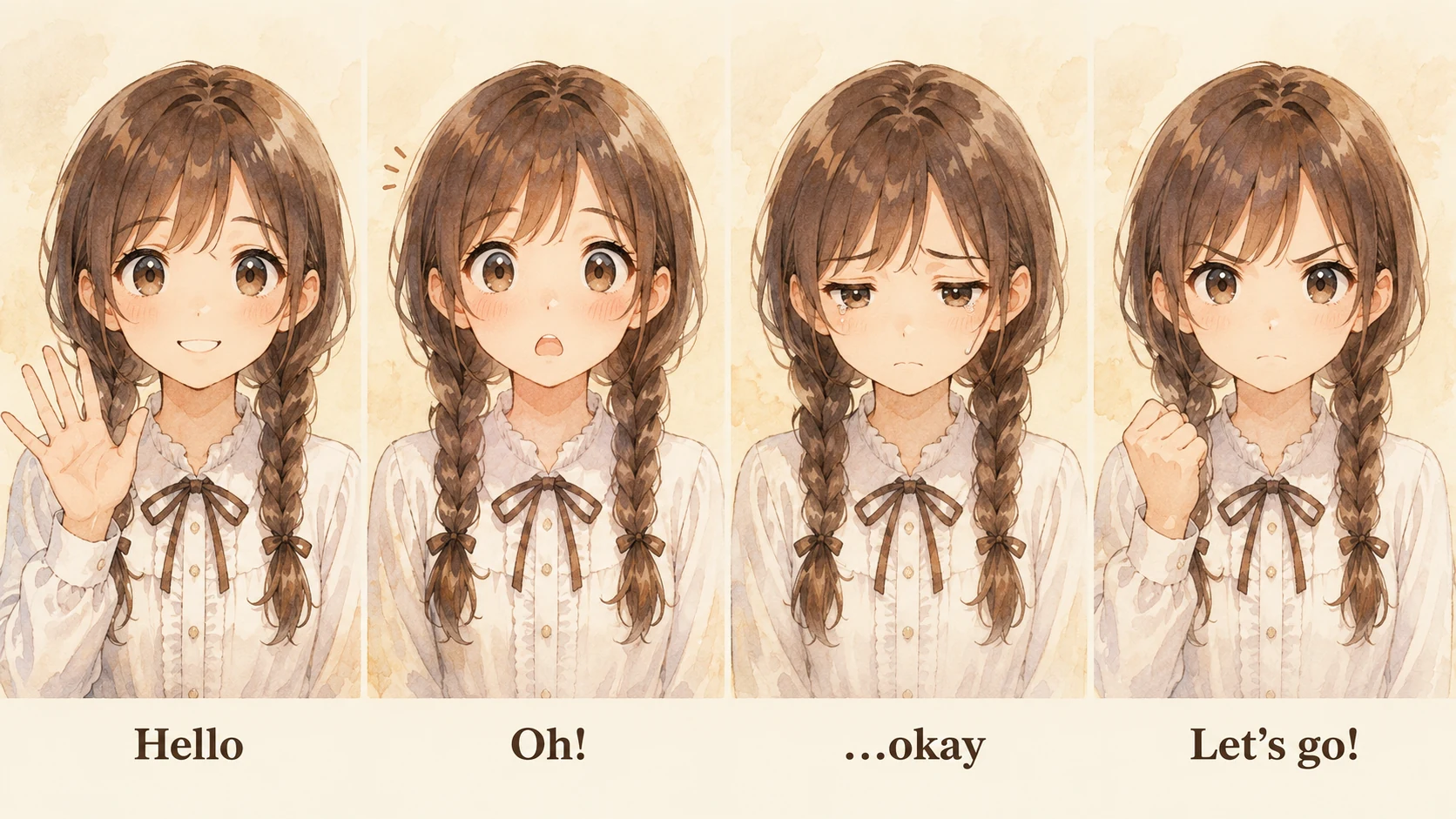Four-stage emotion expression sequence of same anime girl with twin braids in horizontal strip