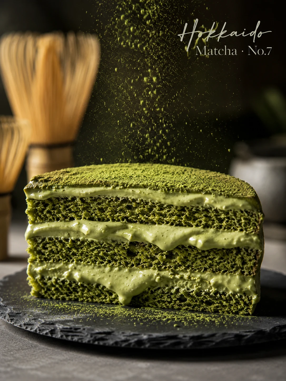 Macro food photography of layered matcha cream cake on black slate plate with floating matcha powder