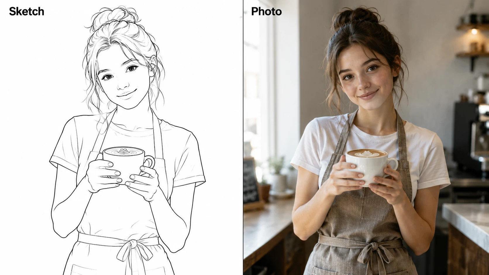Side-by-side comparison of black-and-white character sketch and photorealistic portrait of barista