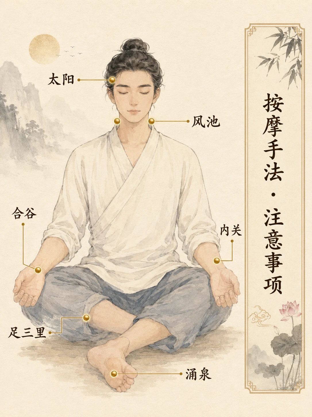 Educational infographic of traditional Chinese medicine acupuncture point chart with golden dots and labels
