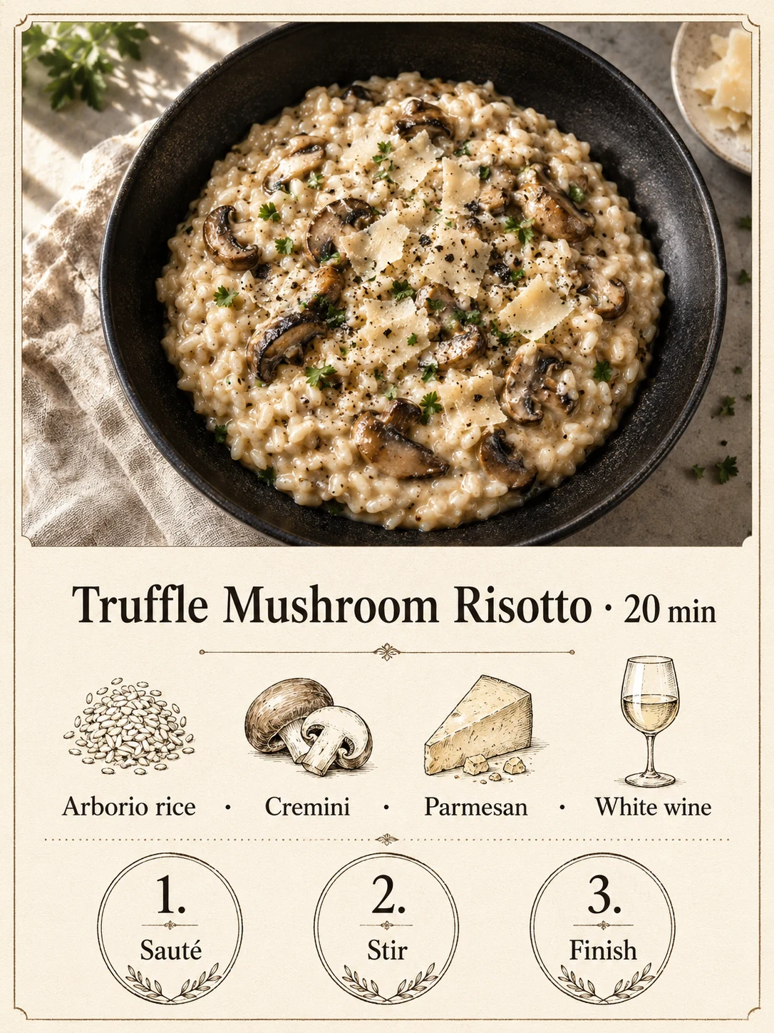 Recipe card design with truffle mushroom risotto top-down photo and structured ingredient steps
