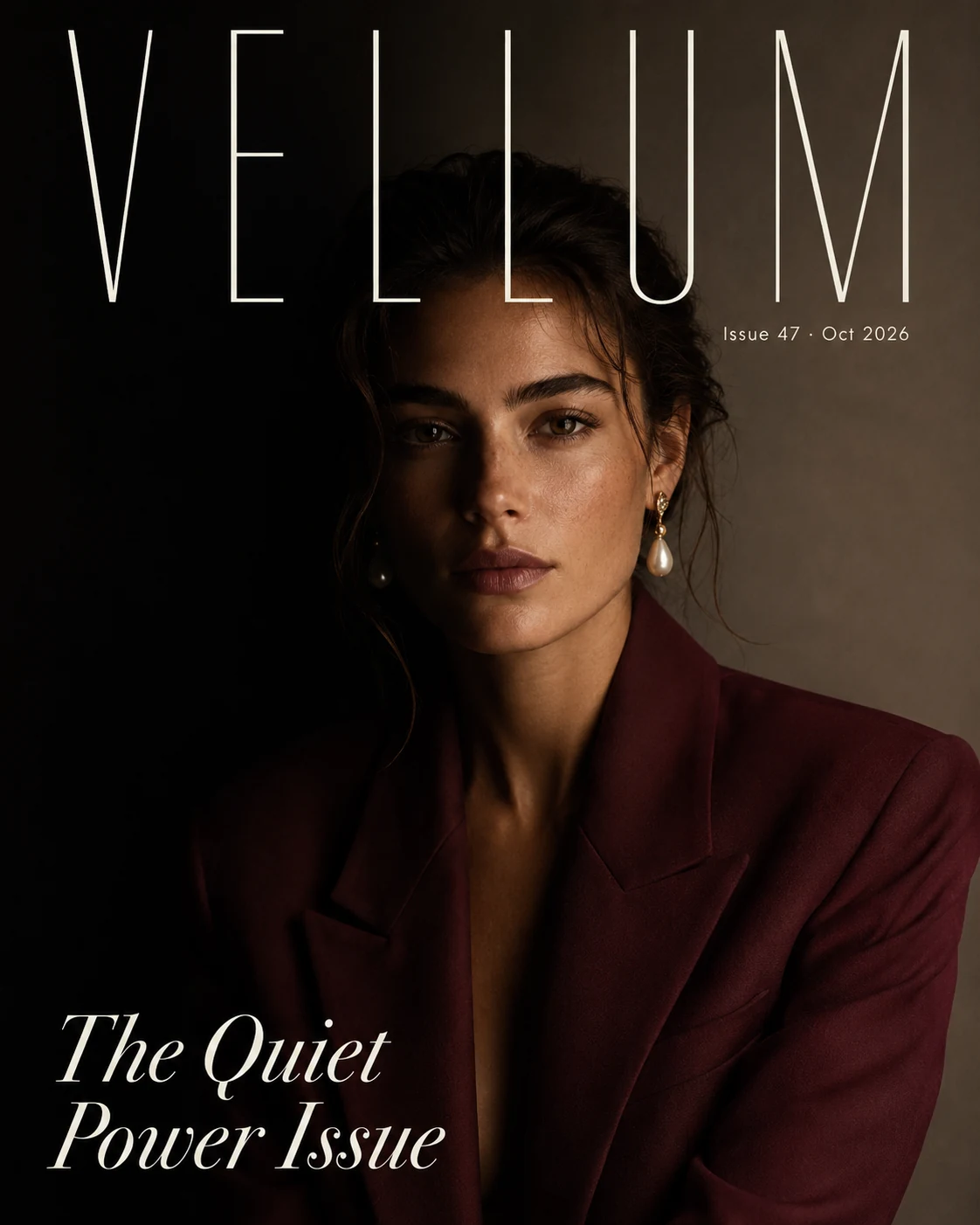High fashion magazine cover with woman in burgundy blazer and pearl earrings, masthead and cover lines