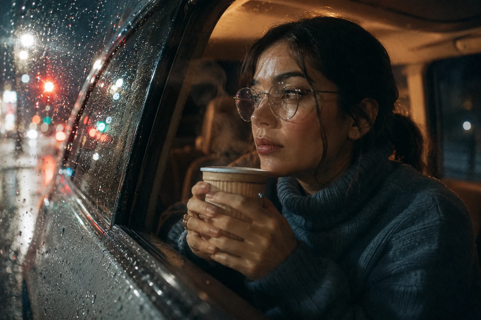 35mm film portrait of woman through rain-droplet covered car window at night, neon reflections