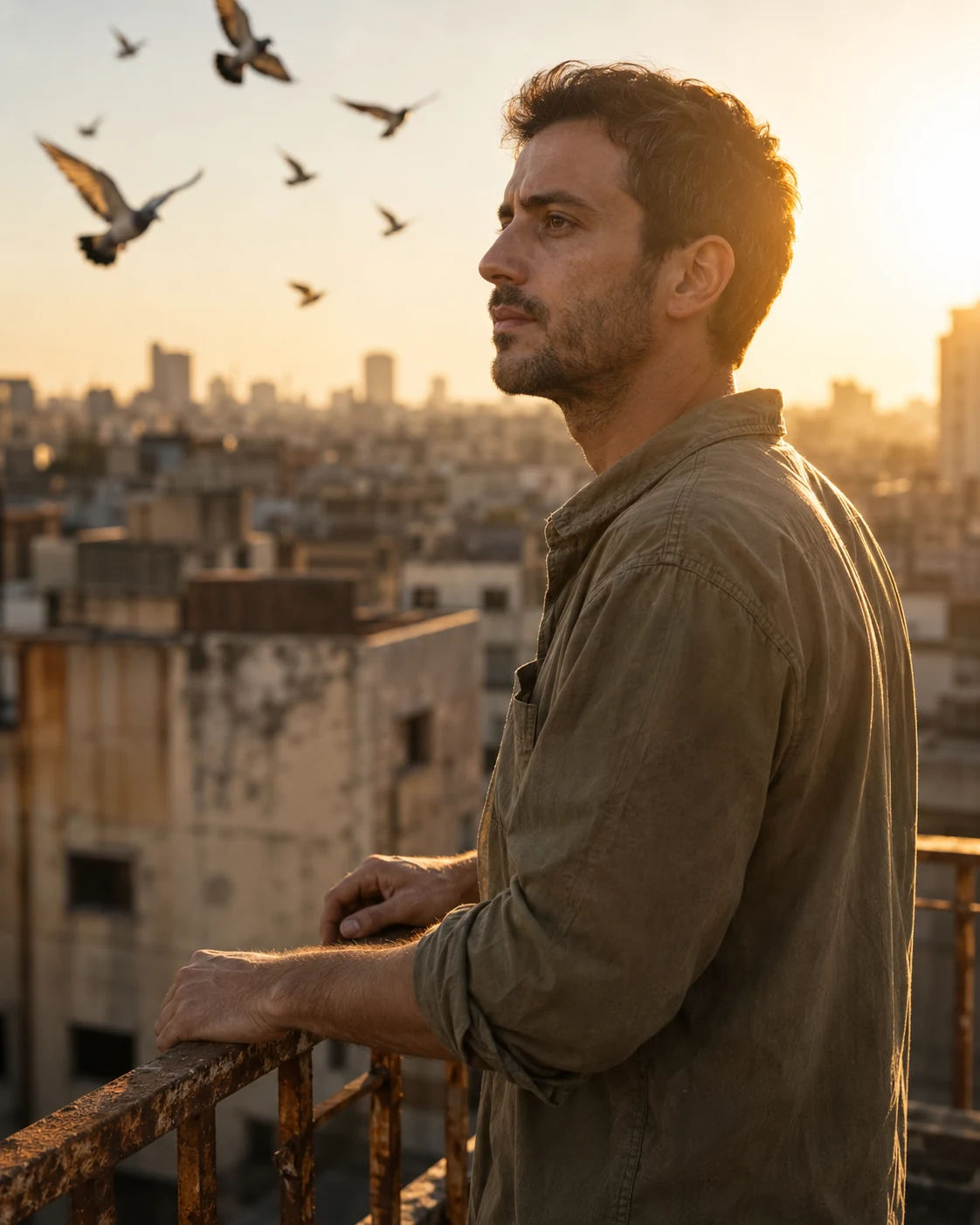 Golden hour backlit portrait of man on apartment rooftop with city skyline and pigeons
