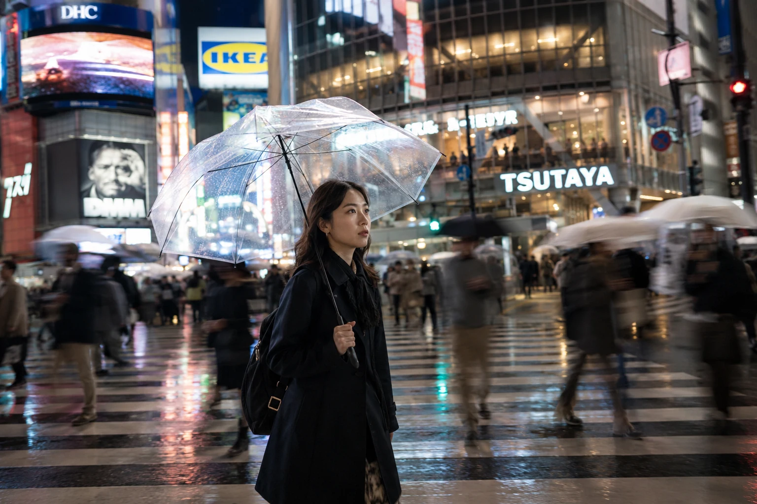 Street documentary photo of woman with transparent umbrella crossing Shibuya at night with motion blur
