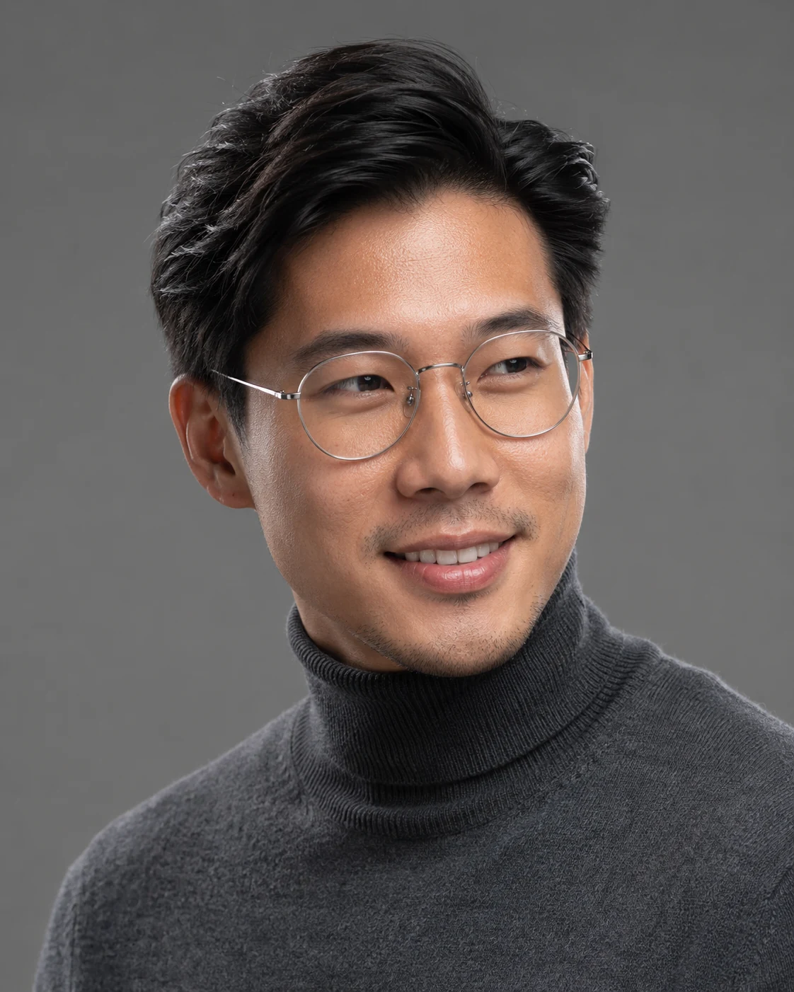 Studio commercial portrait of asian man in slate-grey turtleneck with glasses, three-quarter pose