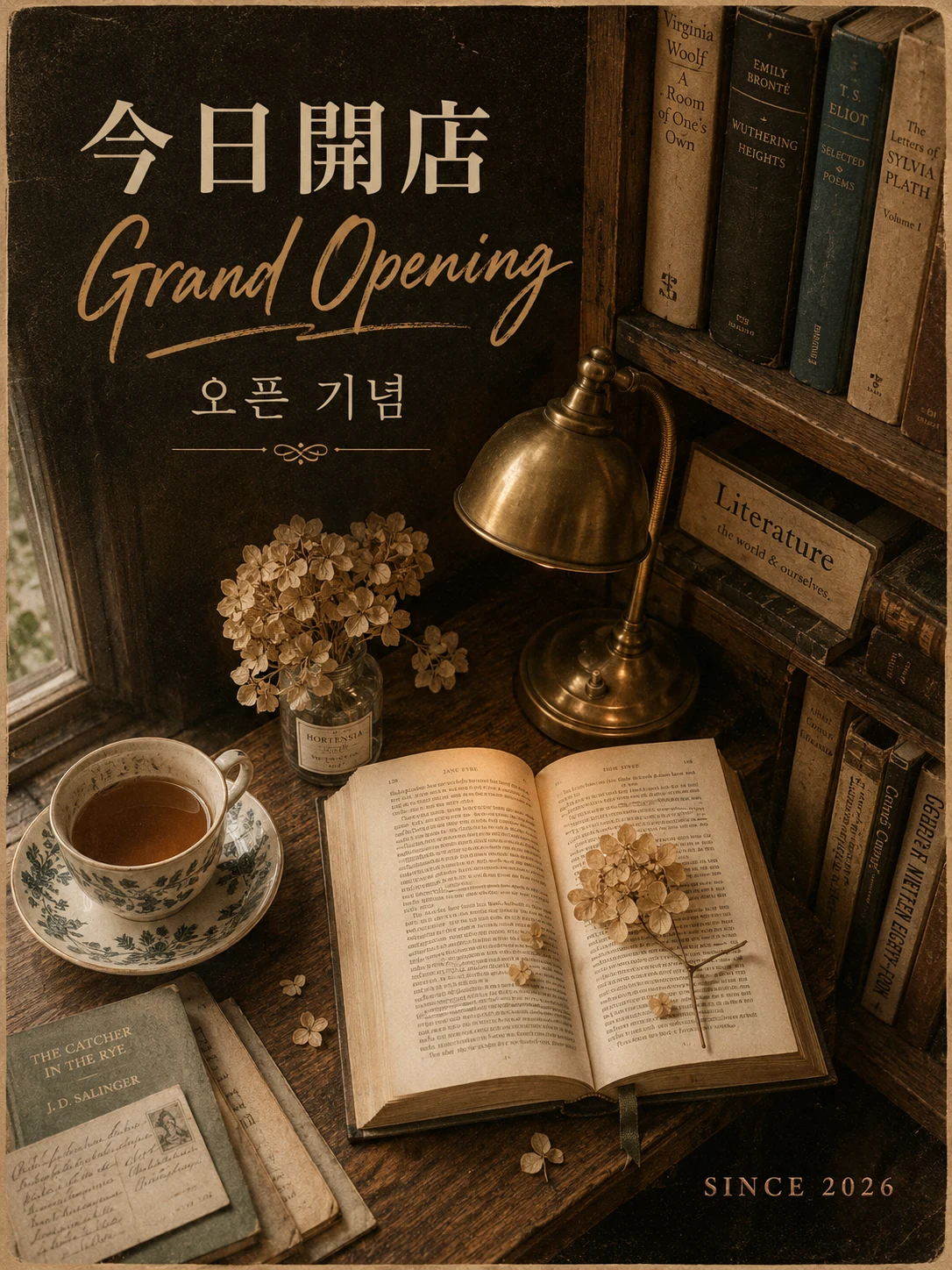 Bookstore opening poster with vintage layout and three-language title in Chinese, English, Korean