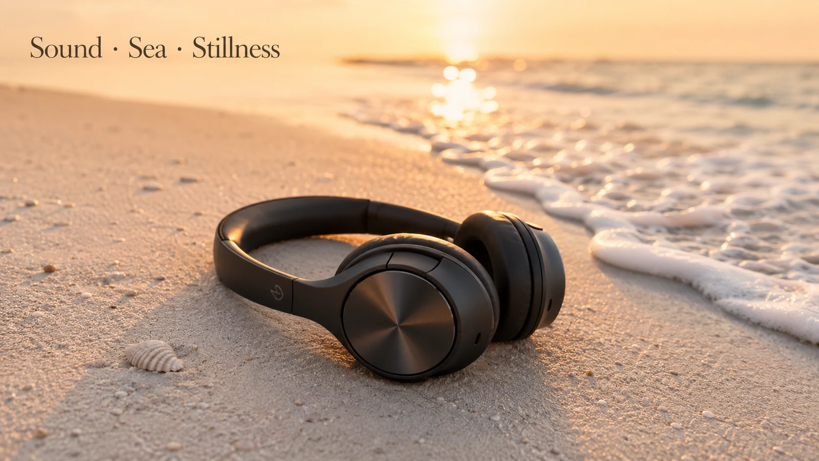 Black wireless headphones placed on white sandy beach at sunset with golden hour reflections