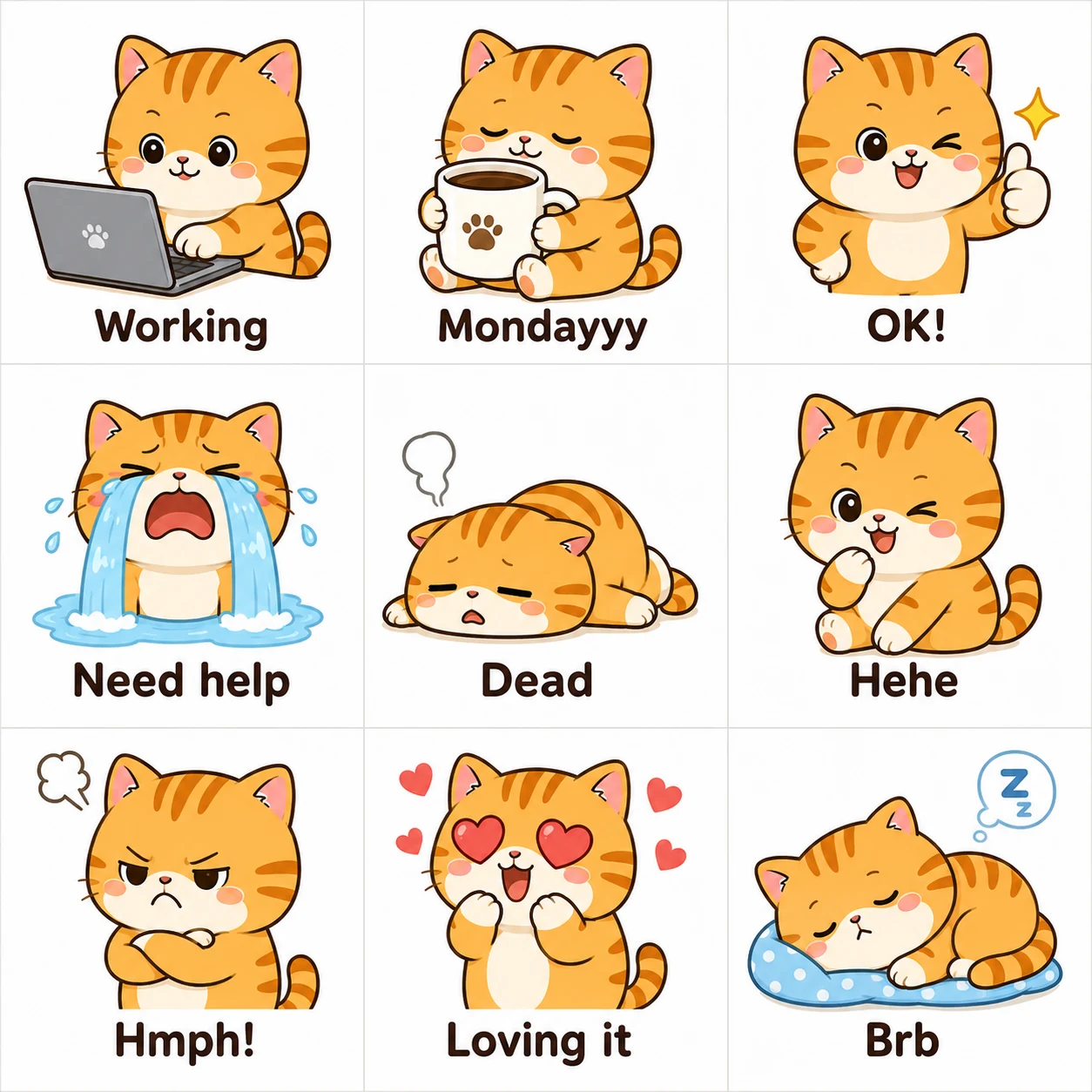 9-grid emoji sticker pack of orange tabby kitten in different moods, WeChat style