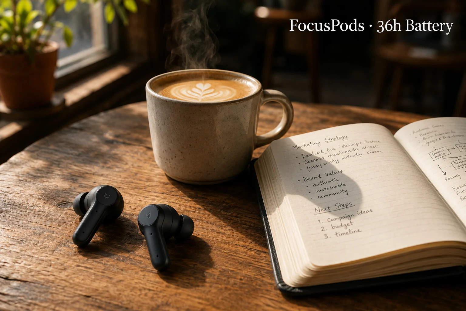 Lifestyle scene of matte-black wireless earbuds on cafe table with flat white and notebook