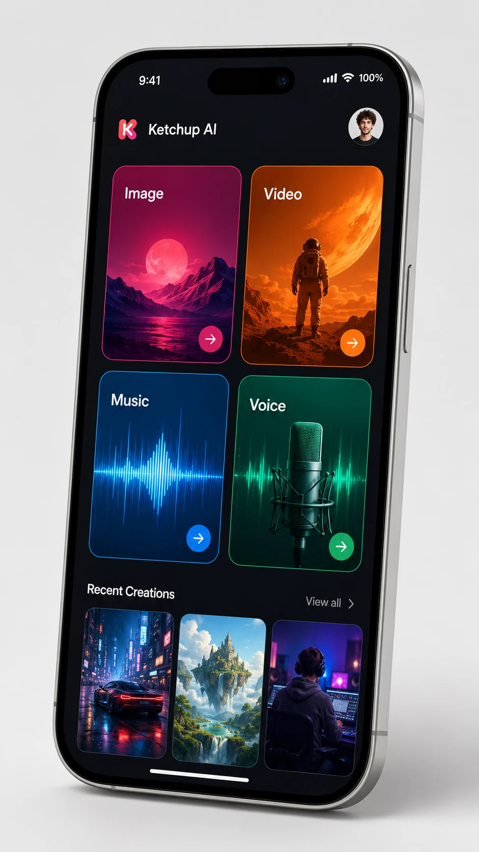 Realistic mobile UI mockup of Ketchup AI creative suite home screen in iPhone device frame, dark mode